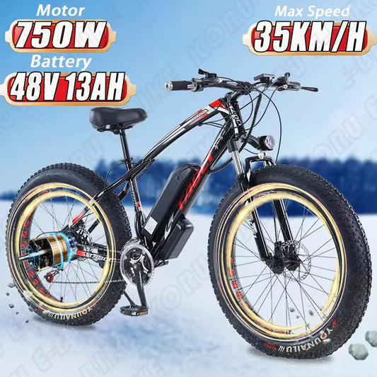 Electric Bicycle 750W Brushless Motor AKEZ 48V 13AH Lithium Battery 26Inch Adult E-Bike Fat Tire Urban Commuting Electric Bike