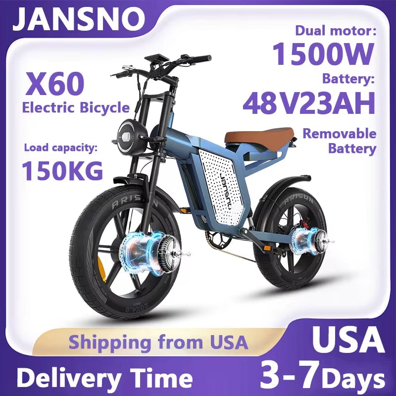 Jansno X60 E-Bike 1500W Dual Motor 48V23Ah Battery Large LCD Display Electric Bicycle Fat Tire Motorcycle Retro Electric Bike