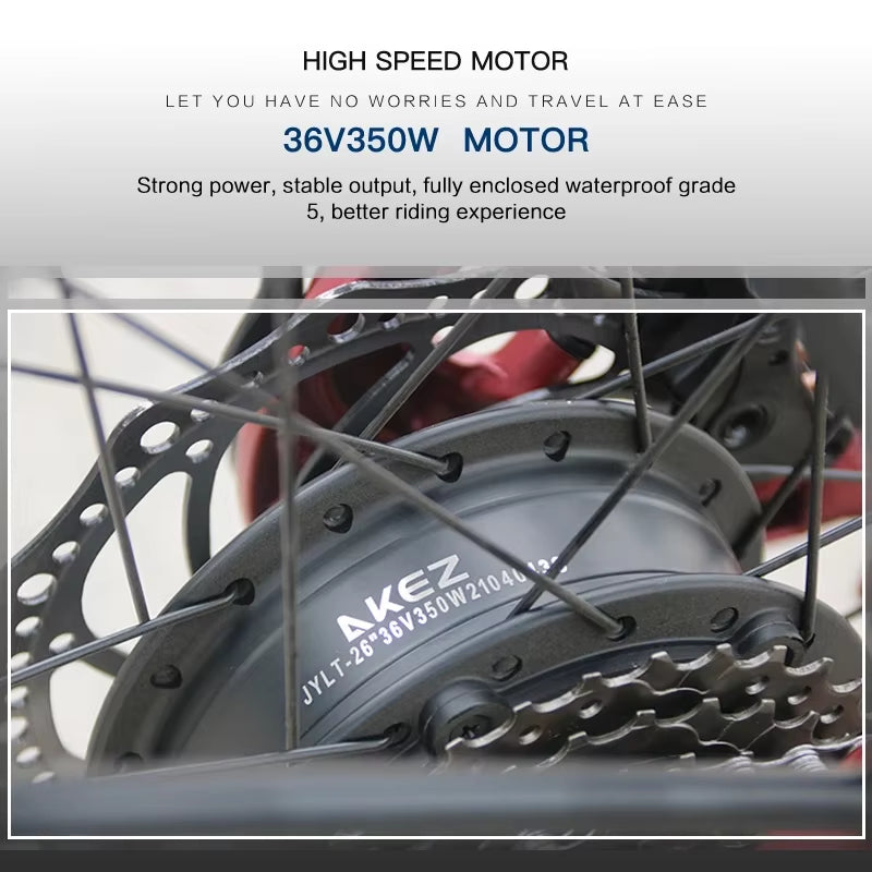 AKEZ Electric Bicycle 36V13AH Lithium Battery 350W Brushless Motor Adult E-Bike 26Inch Thin Tire Urban Commuting Electric Bike