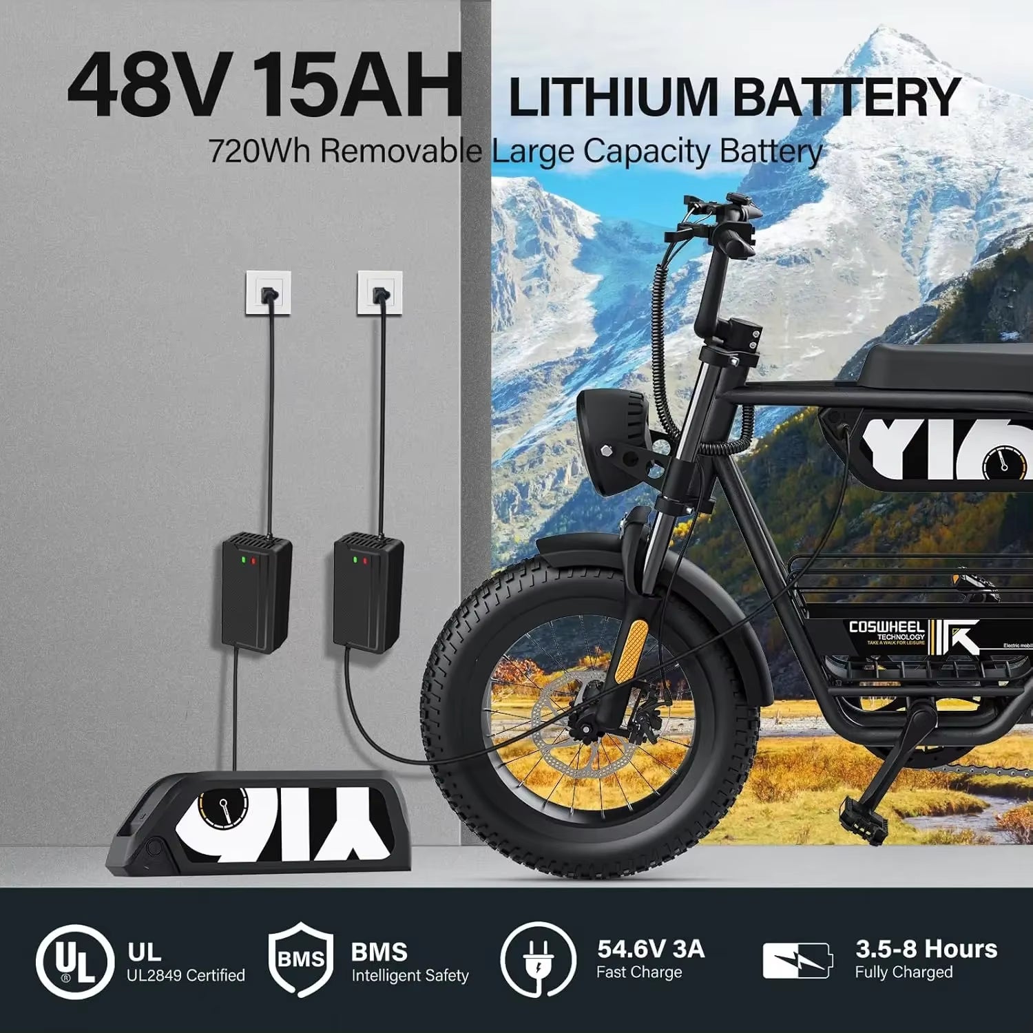 Electric Bicycle Coswheel Y16 1000W Motor 48V 15AH Battery Adult Electric Bike Fat Tire Commuting Mountain Off-Road E-BIKE
